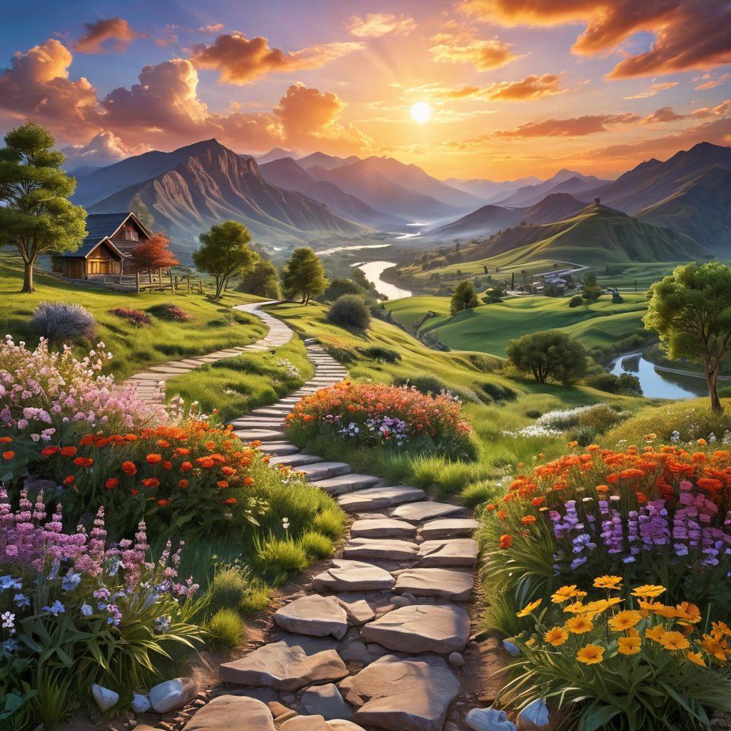 A serene landscape featuring a vibrant sunrise over a peaceful valley, with a winding path symbolizing the journey to happiness. Alongside the path are illustrated icons of prosperity such as blooming flowers, stacked coins, and smiling faces. In the background, soft clouds represent dreams in progress. The overall atmosphere is warm and inviting, inspiring a sense of tranquility and joy. super-realistic. vibrant colors. 3D.