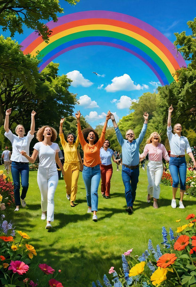 A vibrant scene depicting a diverse group of people joyfully celebrating life in a sunlit park, surrounded by blooming flowers and lush greenery. In the background, a rainbow stretches across a clear blue sky, symbolizing positivity and hope. The individuals, reflecting different cultures, are engaging in various activities like dancing, laughing, and sharing, radiating happiness and contentment. The overall ambiance conveys abundance and joy in everyday moments. super-realistic. vibrant colors. 3D.