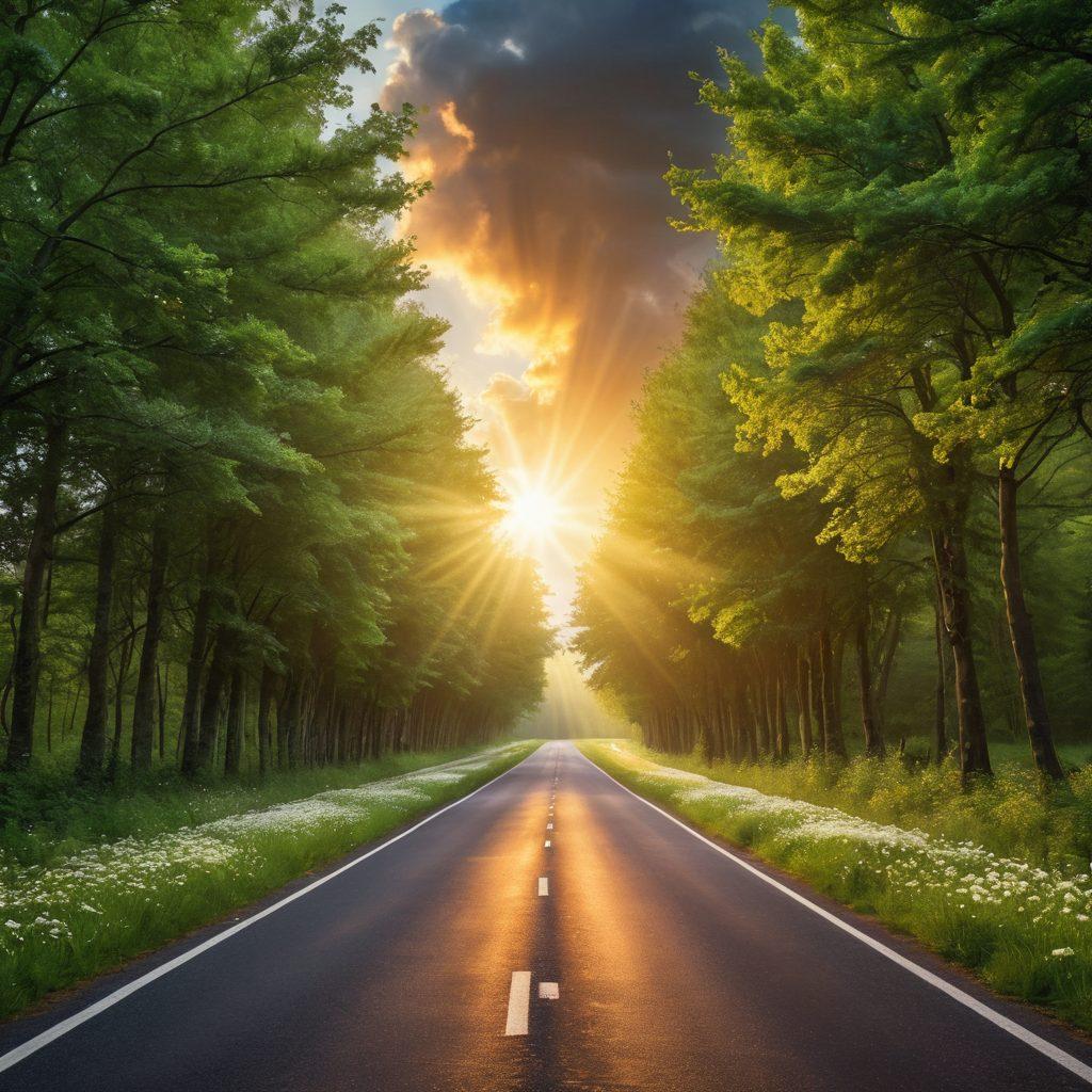 An open road leading towards a bright horizon, symbolizing journey and growth, with milestones labeled 'Positivity', 'Resilience', and 'Self-Discovery'. Lush green trees line the road, representing nurturing support, while vibrant flowers bloom alongside, signifying personal flourishing. A light beam breaks through clouds above, casting a warm glow. super-realistic. vibrant colors. inspirational theme.